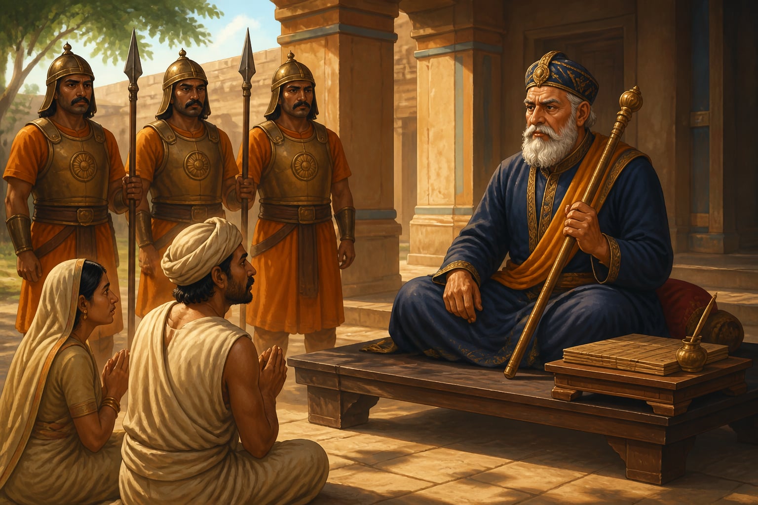 A Mauryan magistrate holding the danda staff in open court