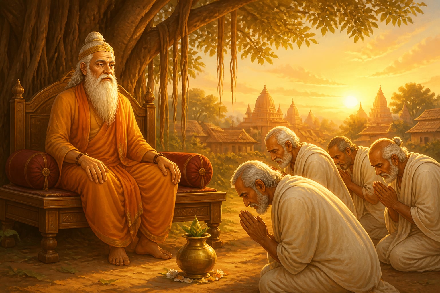 Manu installed as the first king beneath a banyan tree at dawn