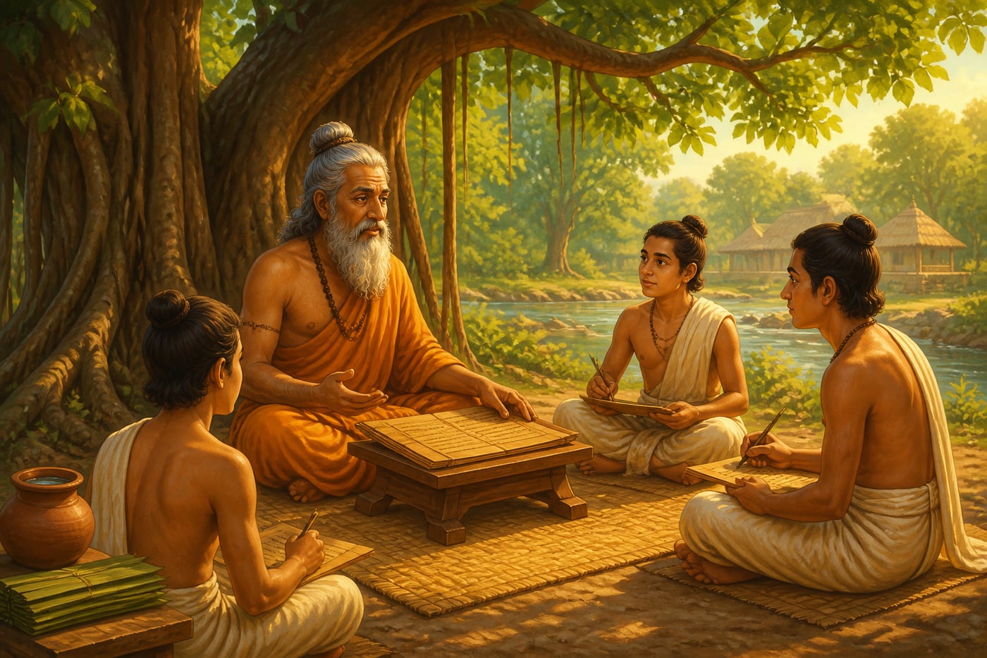 A Takshashila master teaching apprentices under a banyan tree