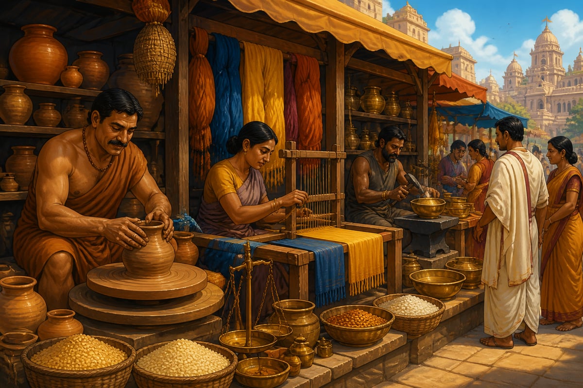 A bustling Mauryan marketplace of specialized craftsmen