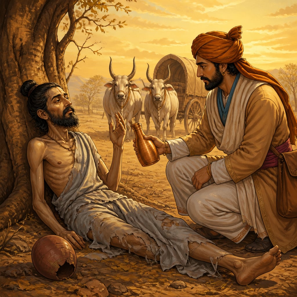 The hermit Sumedha rescued by a merchant caravan