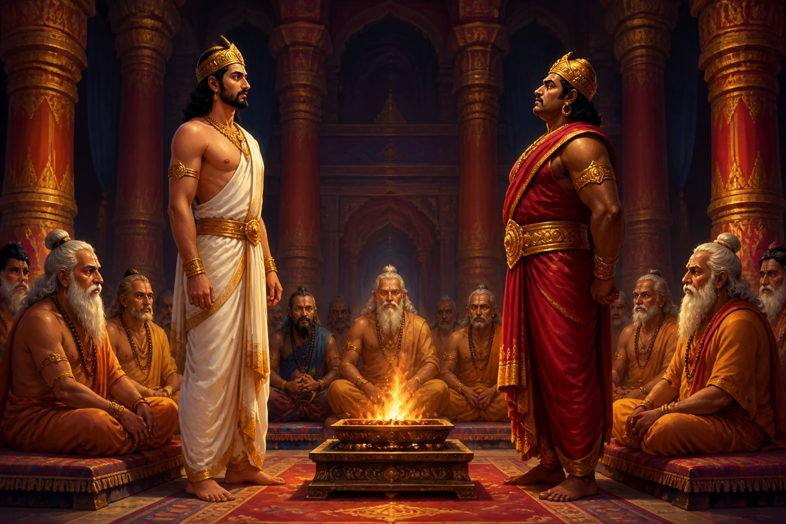 Yudhishthira and Duryodhana confronting each other in the Kuru sabha hall
