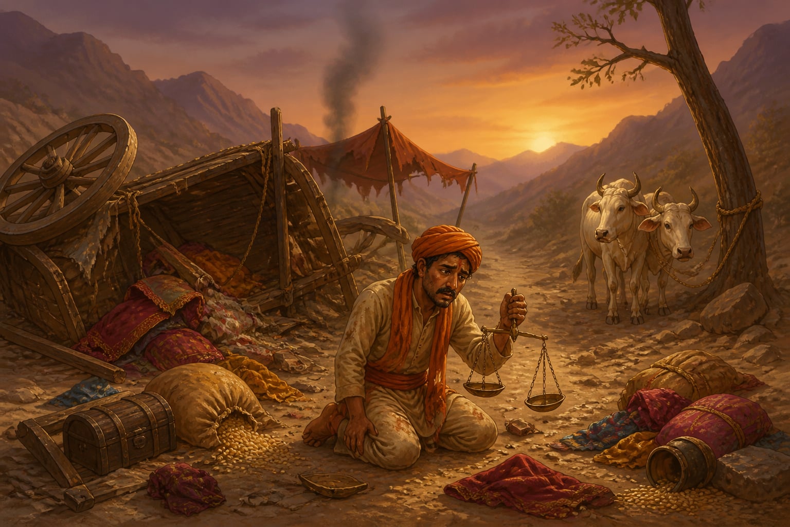 A robbed merchant caravan on a northern road at dusk