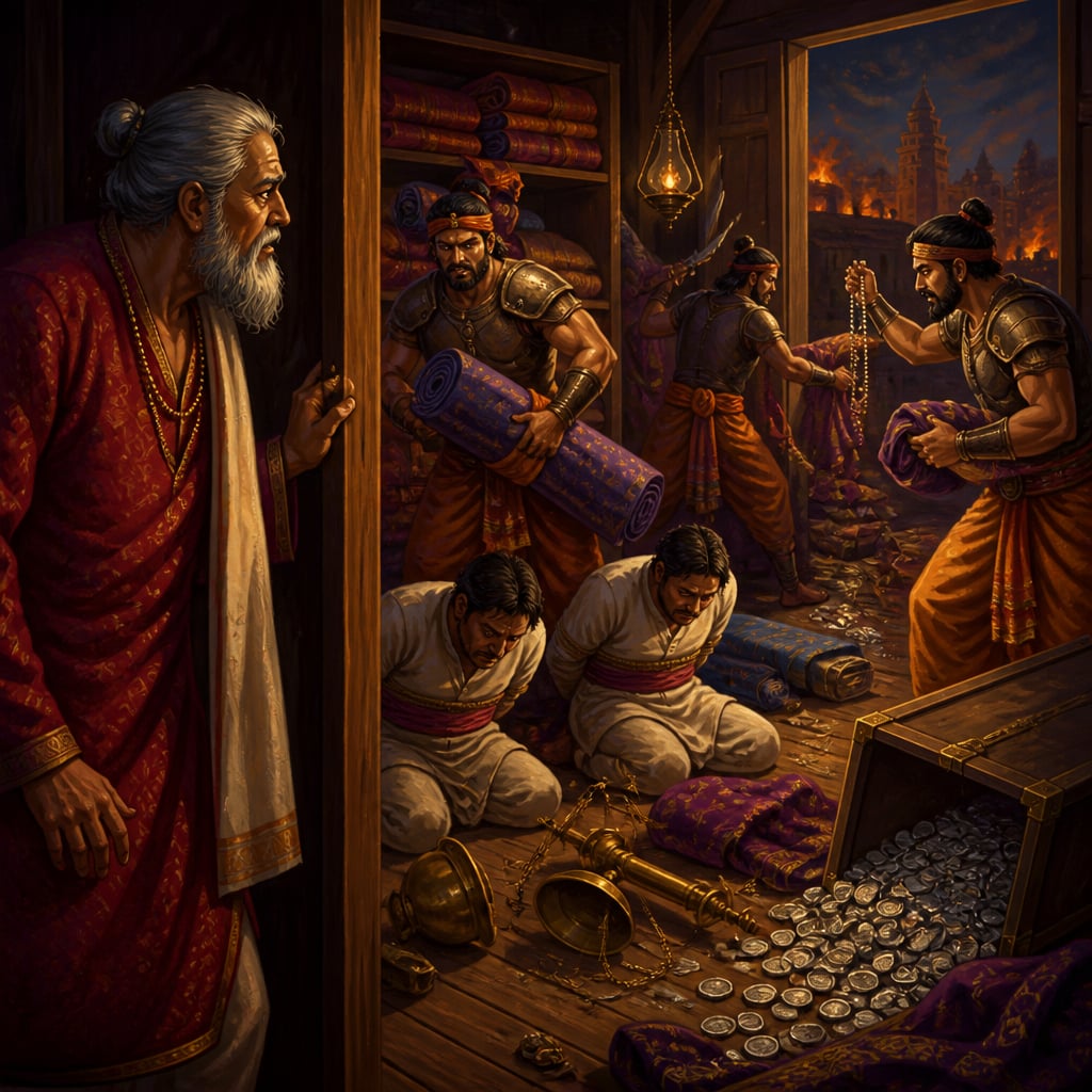 Devadatta watches his Pataliputra warehouse being raided