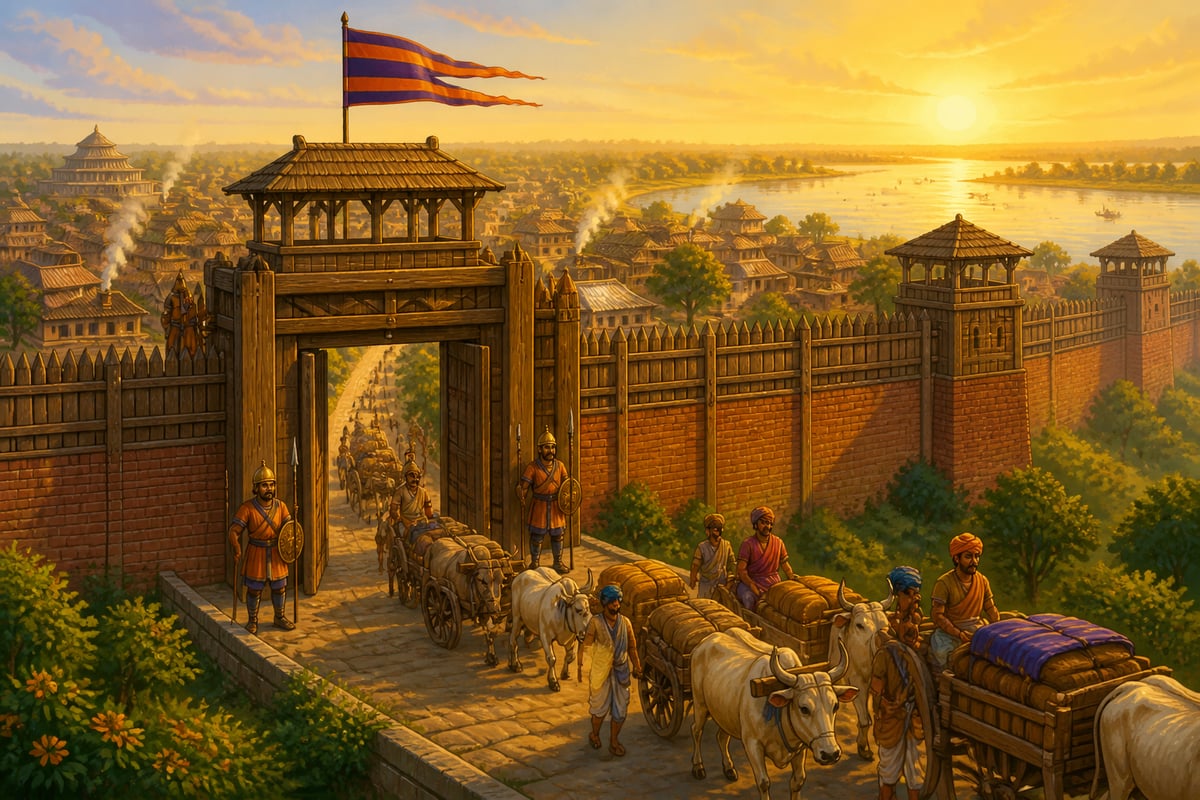 Restored Pataliputra at dawn under early Mauryan order