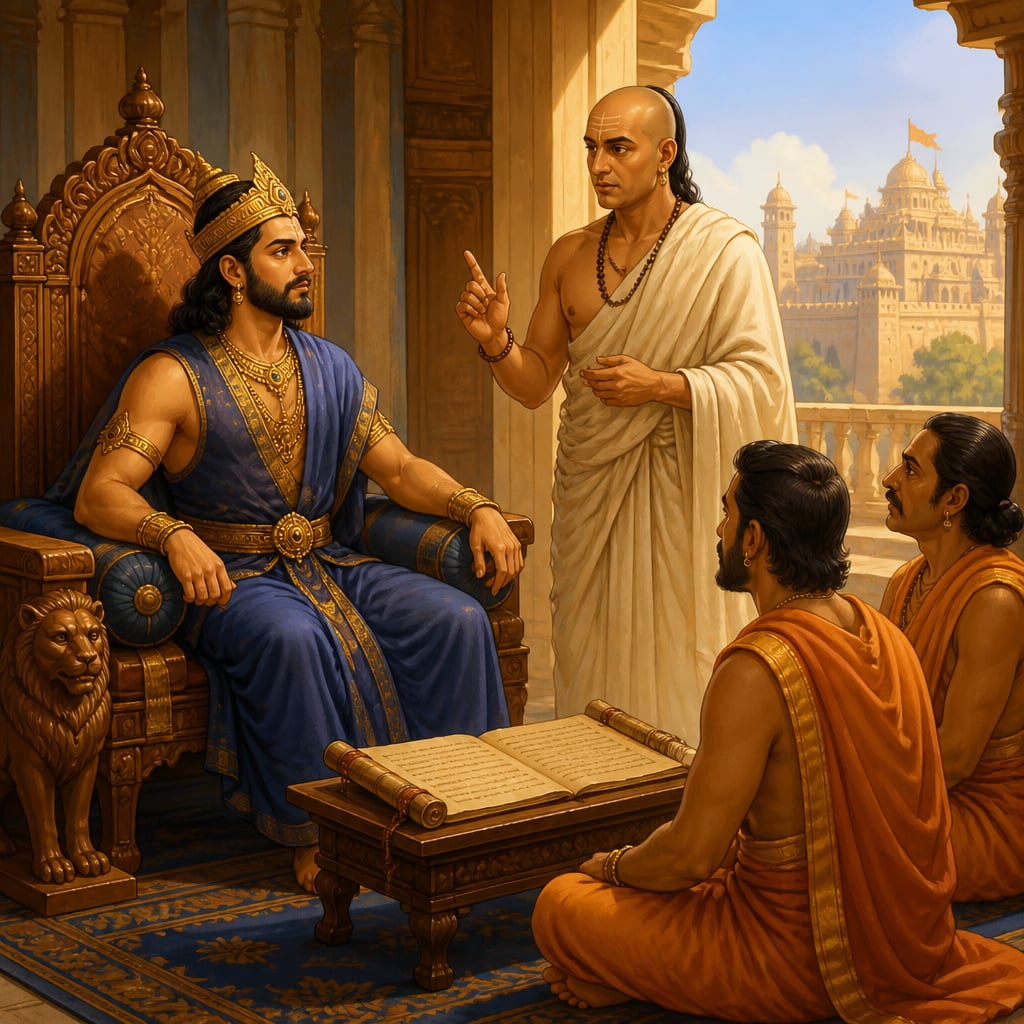 Chandragupta and Kautilya in the newly conquered Pataliputra palace
