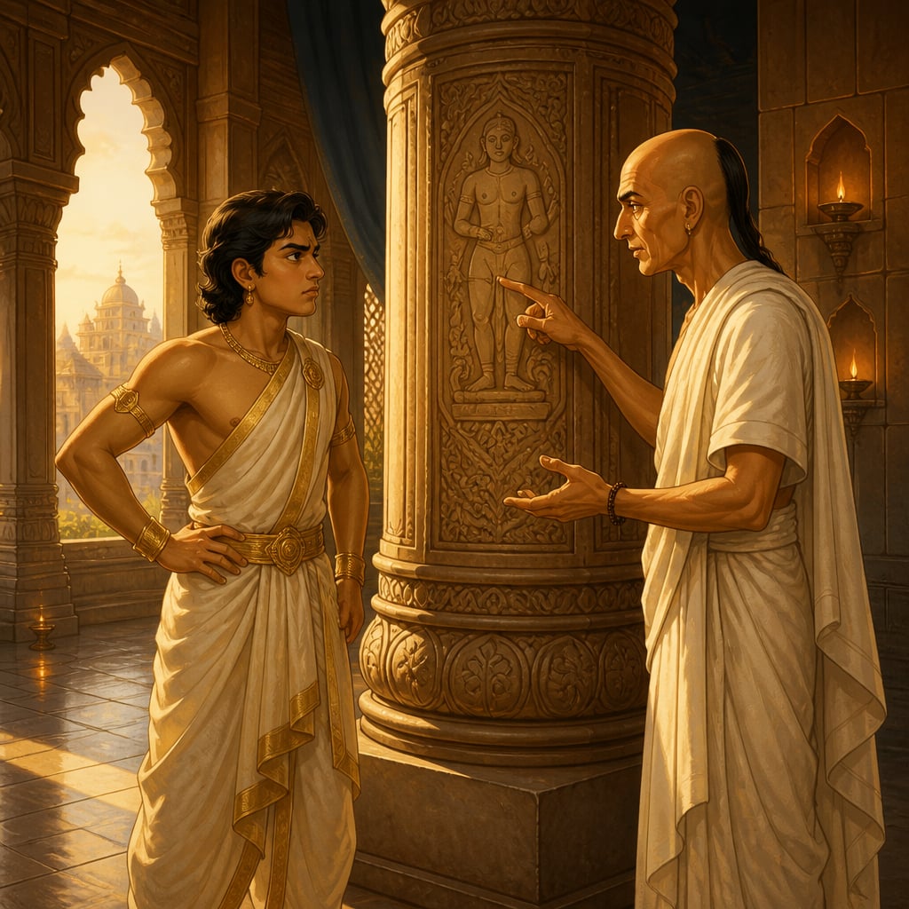 Kautilya teaching Chandragupta with the body-pillar relief