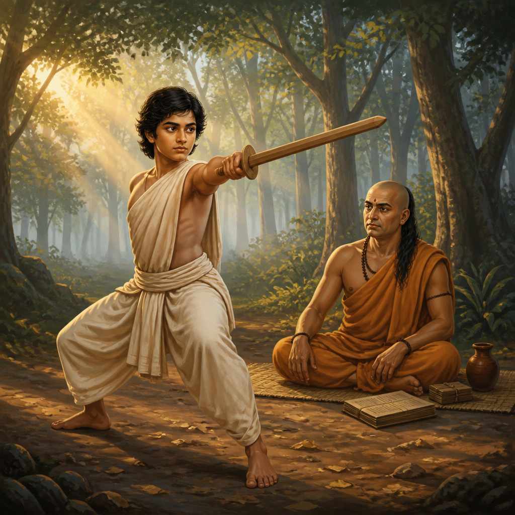Young Chandragupta in dawn sword training under Kautilya
