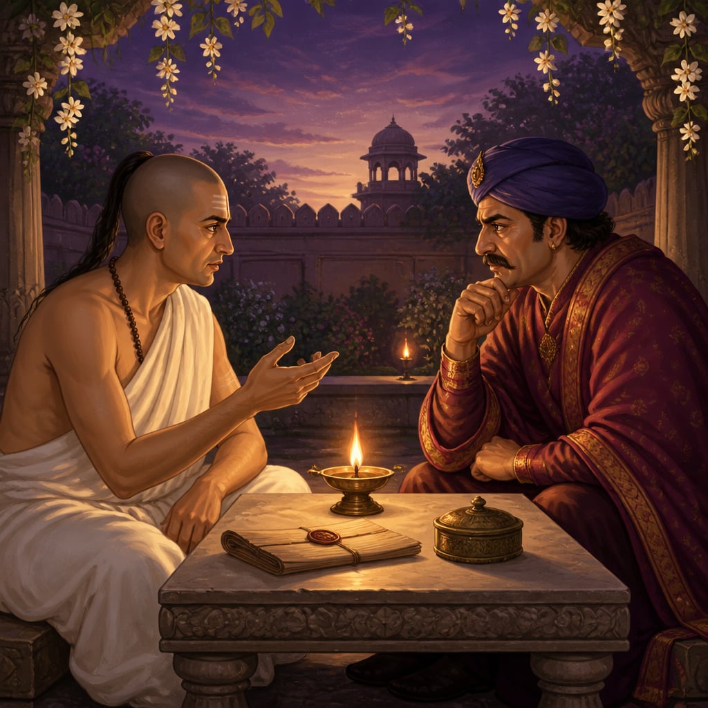 Kautilya recruiting Rakshasa in a palace garden at twilight