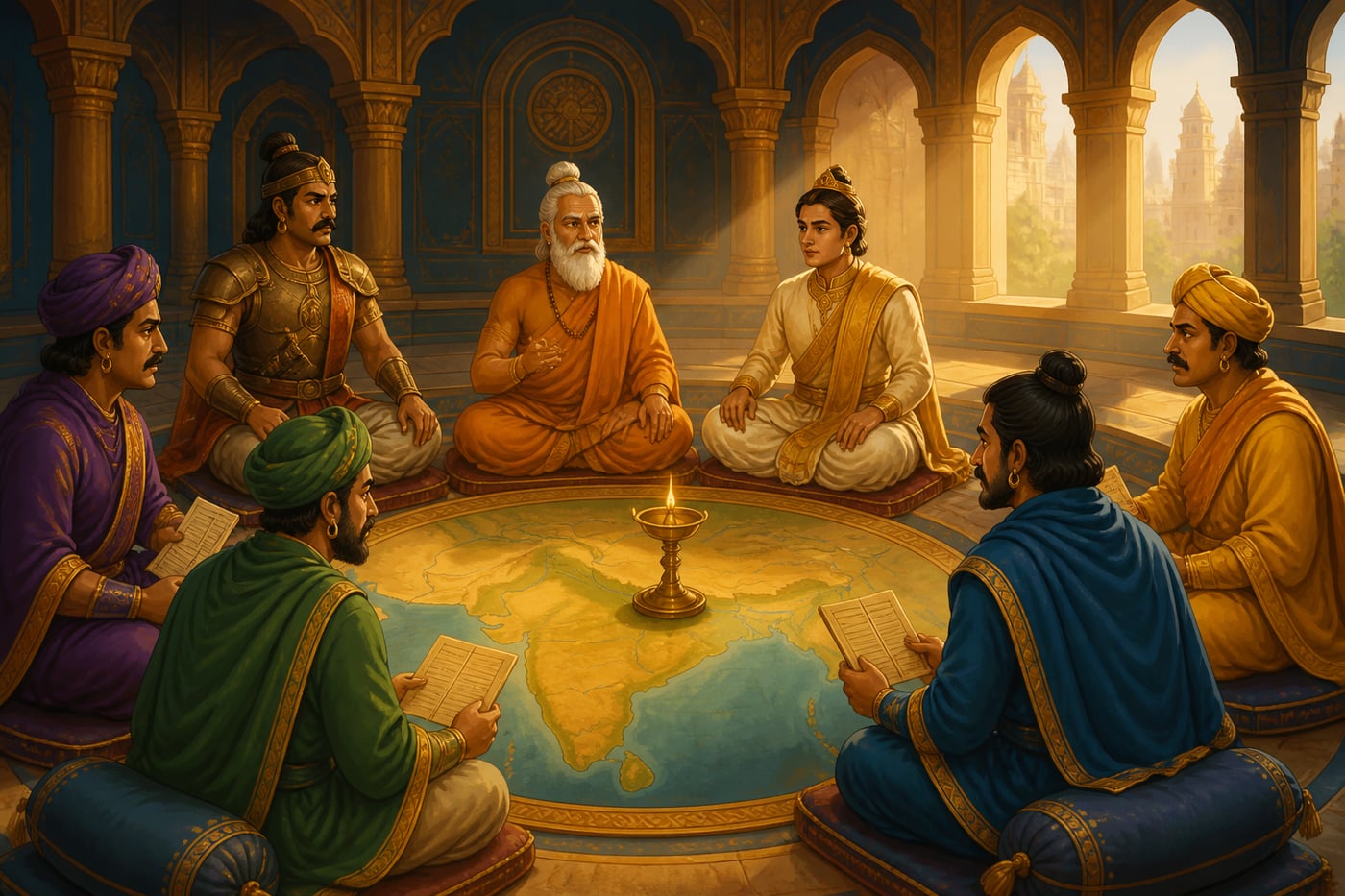 The Mantraparishad deliberating around the Mauryan map