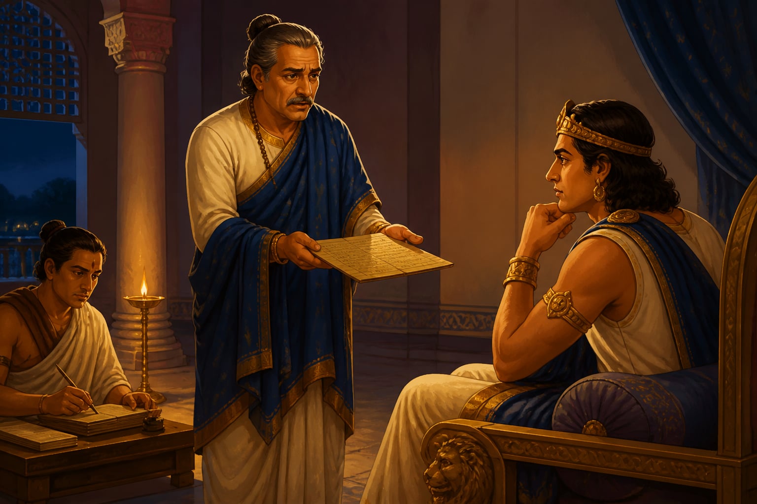 A minister delivering hard truth to Chandragupta in private audience