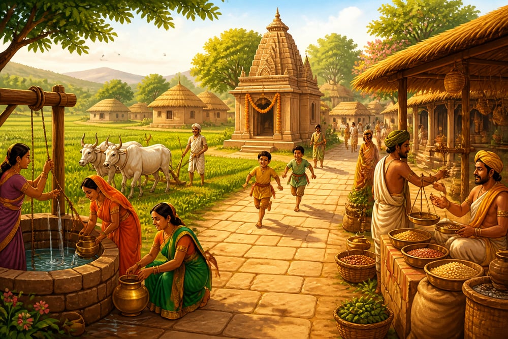 A prosperous Mauryan village at midmorning