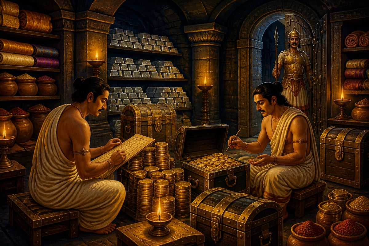 The Mauryan treasury vault under lamplight