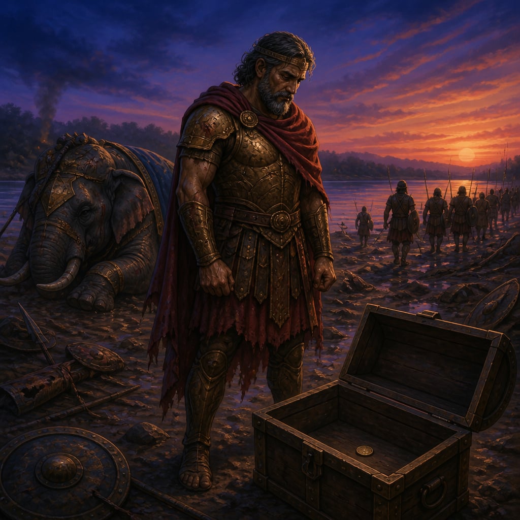 Porus standing weary beside his emptied treasury after Hydaspes