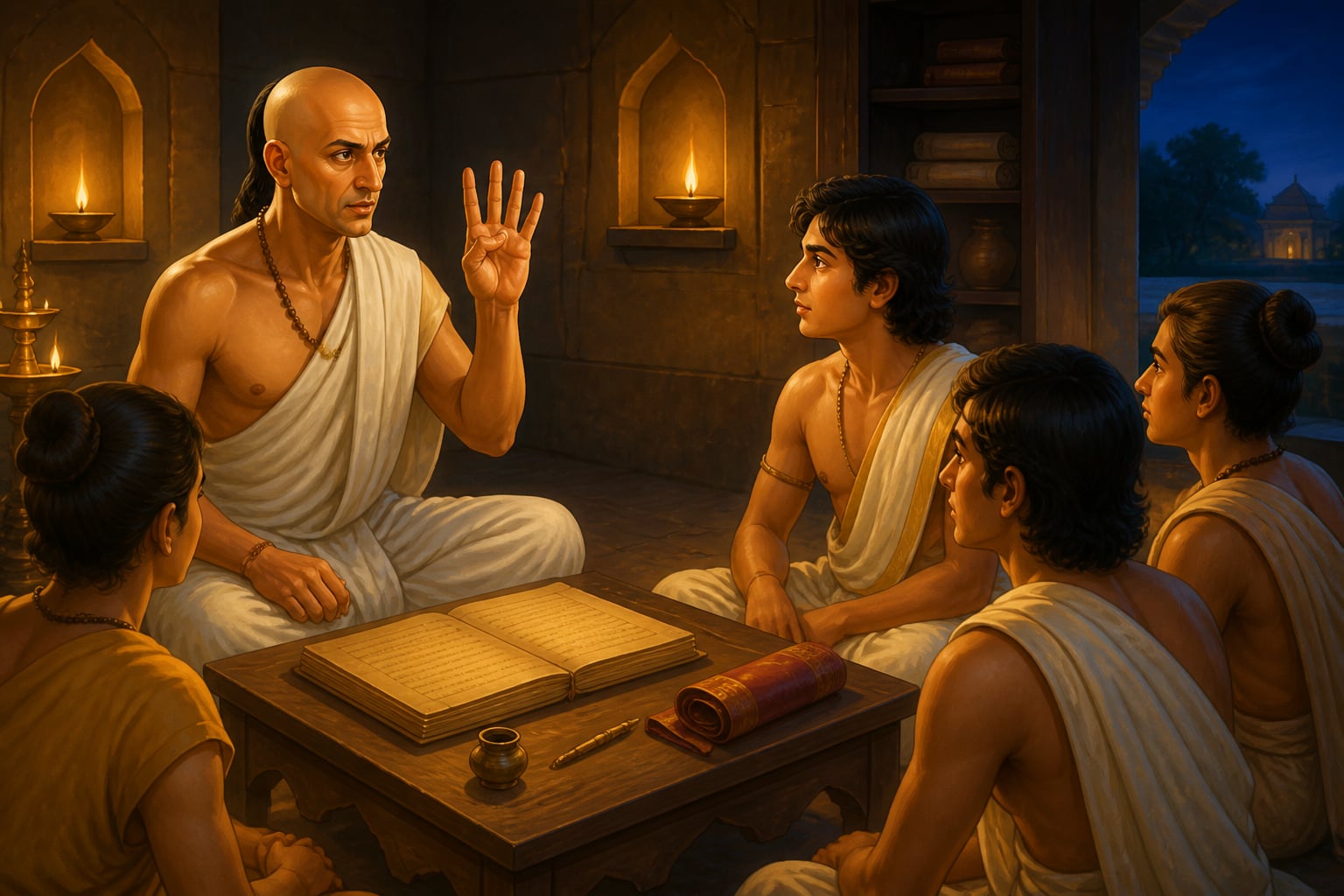 Kautilya teaching the four upayas to Chandragupta