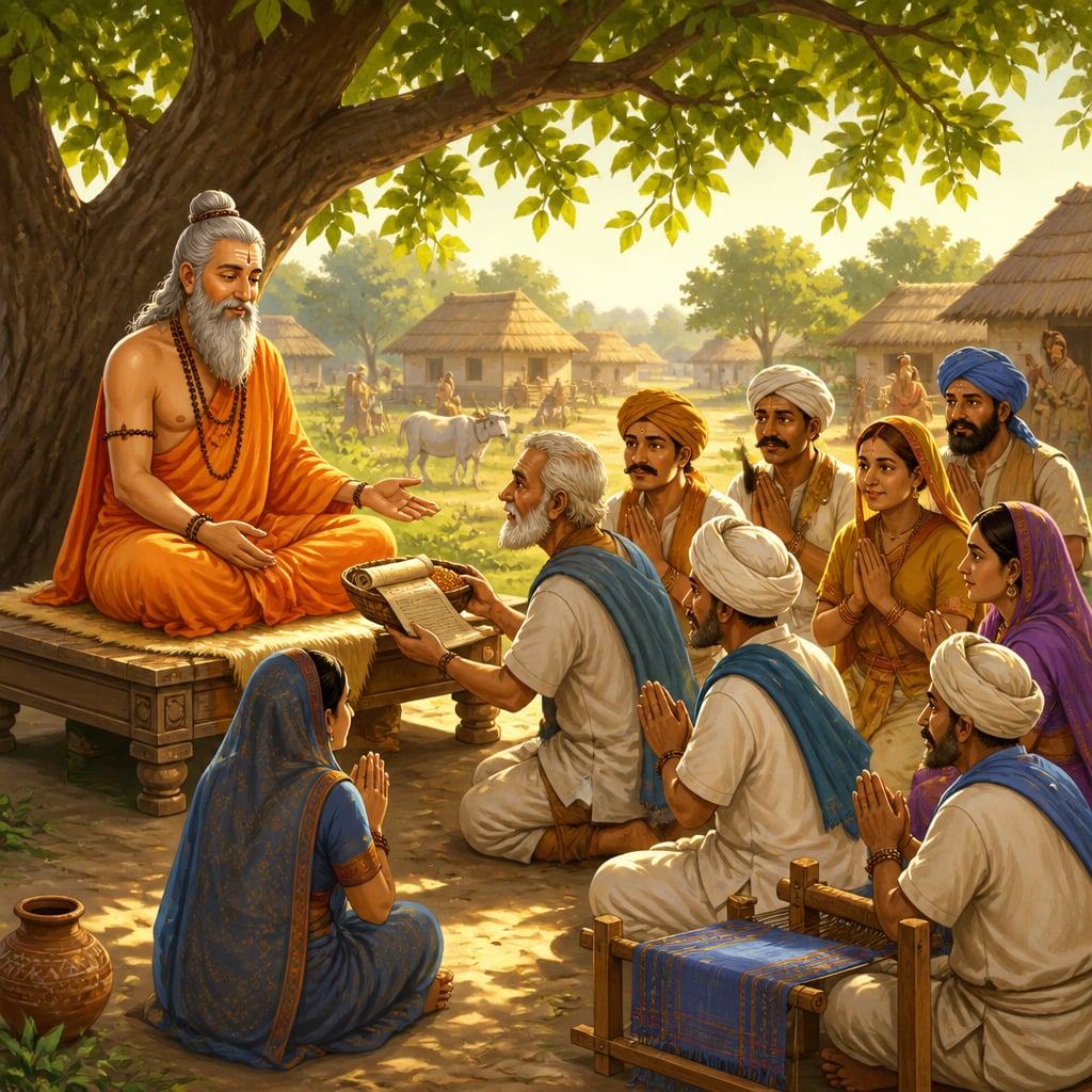 Manu accepts kingship from villagers offering grain and taxes