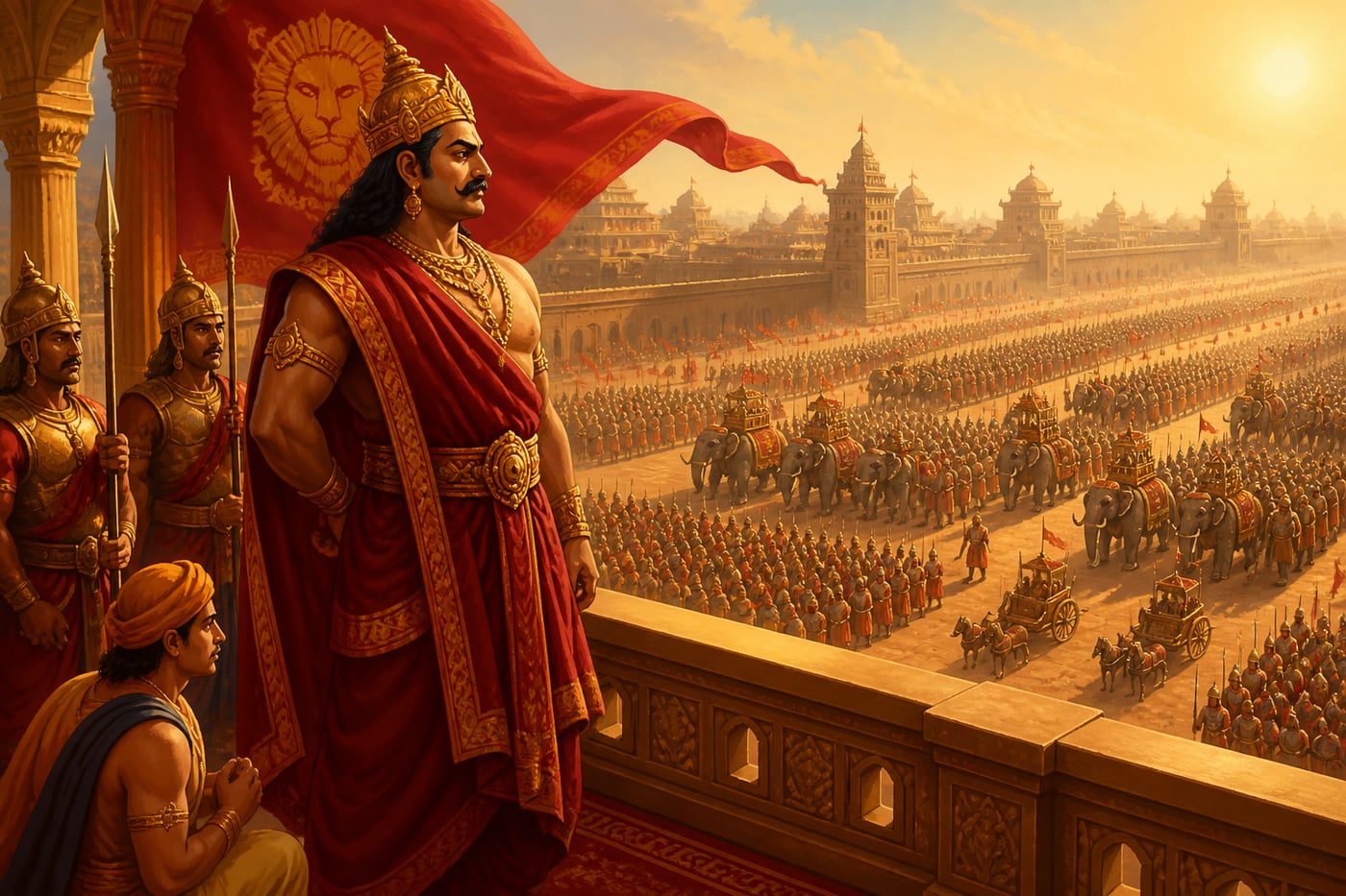 Mahapadma Nanda surveys his vast army from the palace balcony