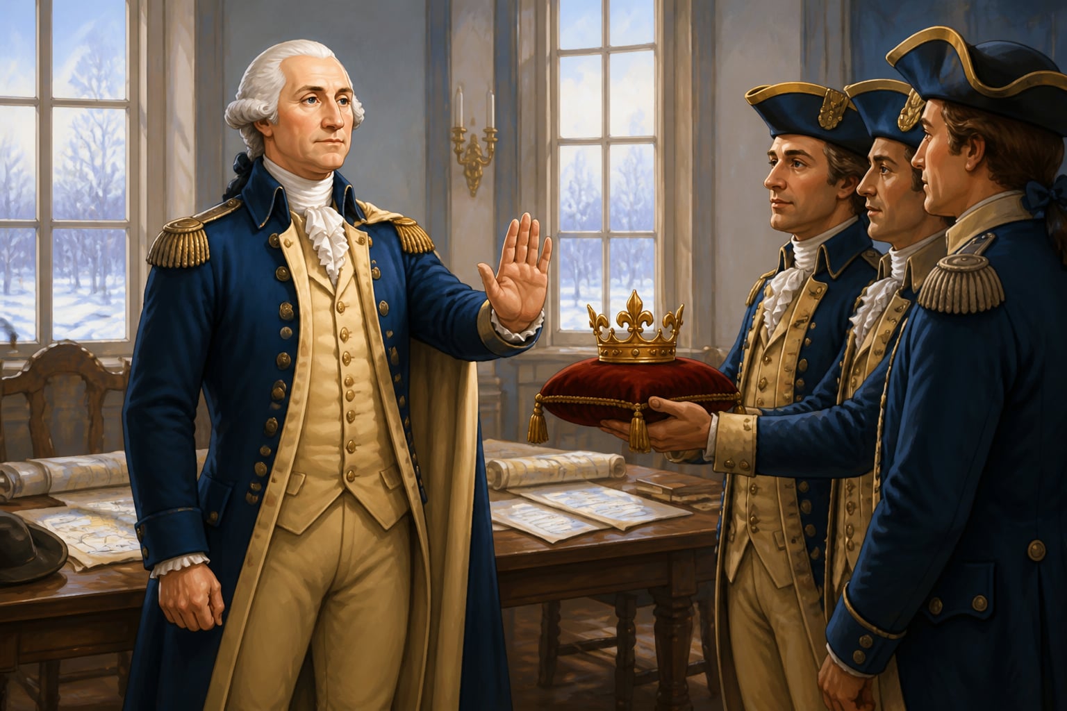 George Washington refuses a crown offered by Continental Army officers