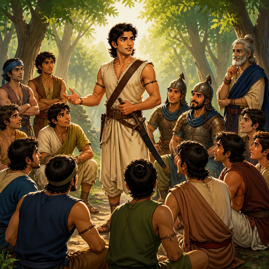 A young Chandragupta Maurya gathering early supporters in a forest clearing