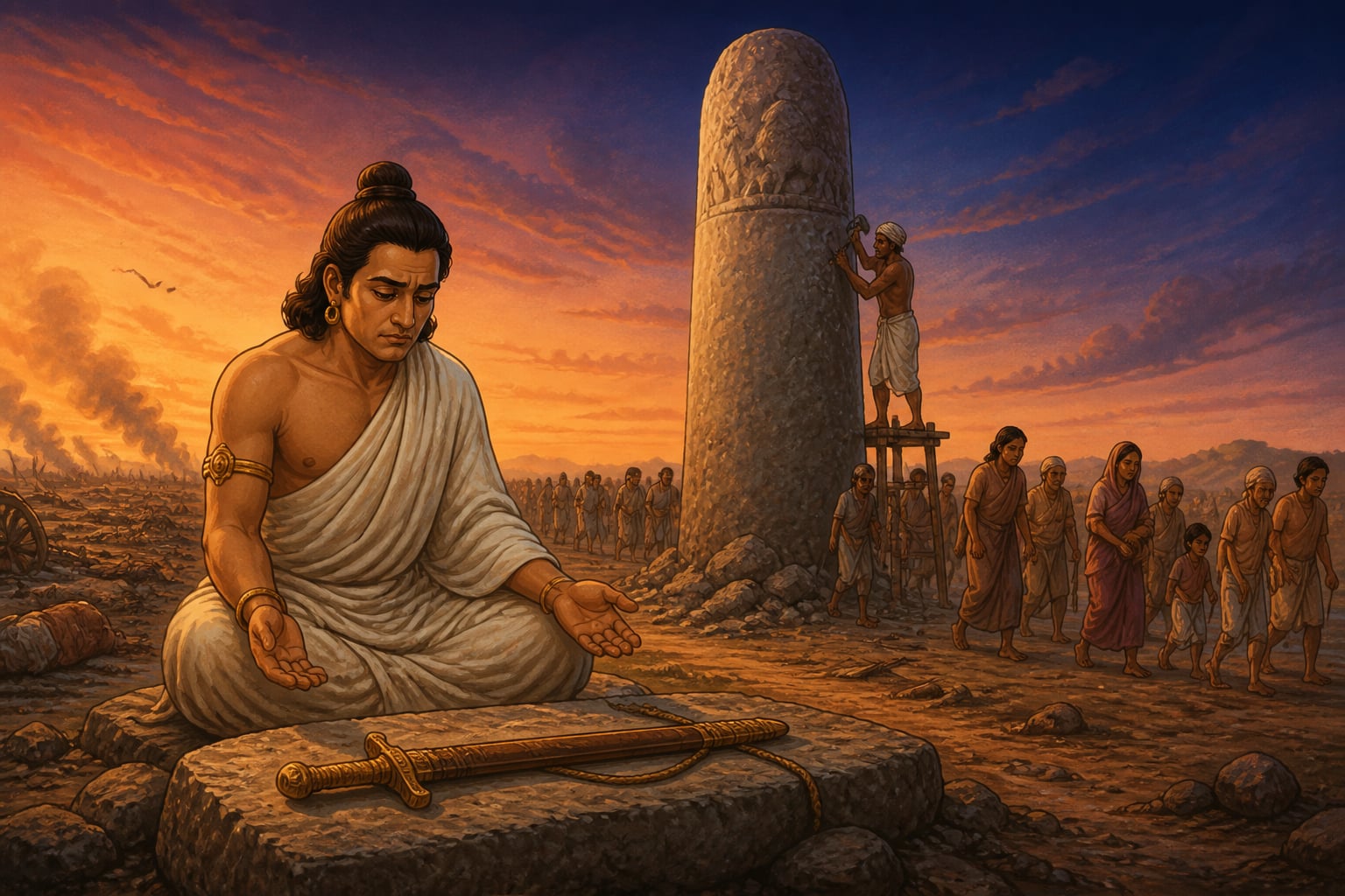 Emperor Ashoka renounces conquest after the Kalinga battlefield