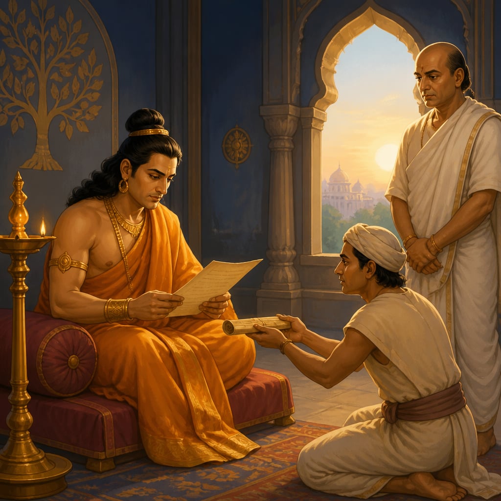 A Mauryan king receiving intelligence reports at first light