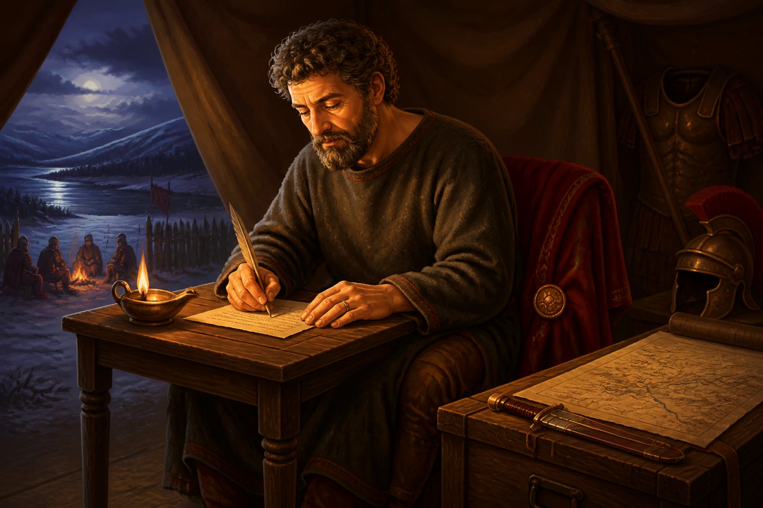 Marcus Aurelius writes his Meditations by lamplight at the Danube frontier
