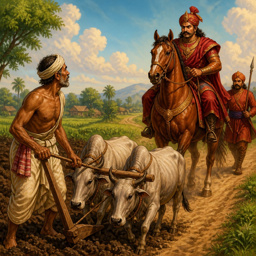 A farmer working his land as a powerful lord approaches on horseback