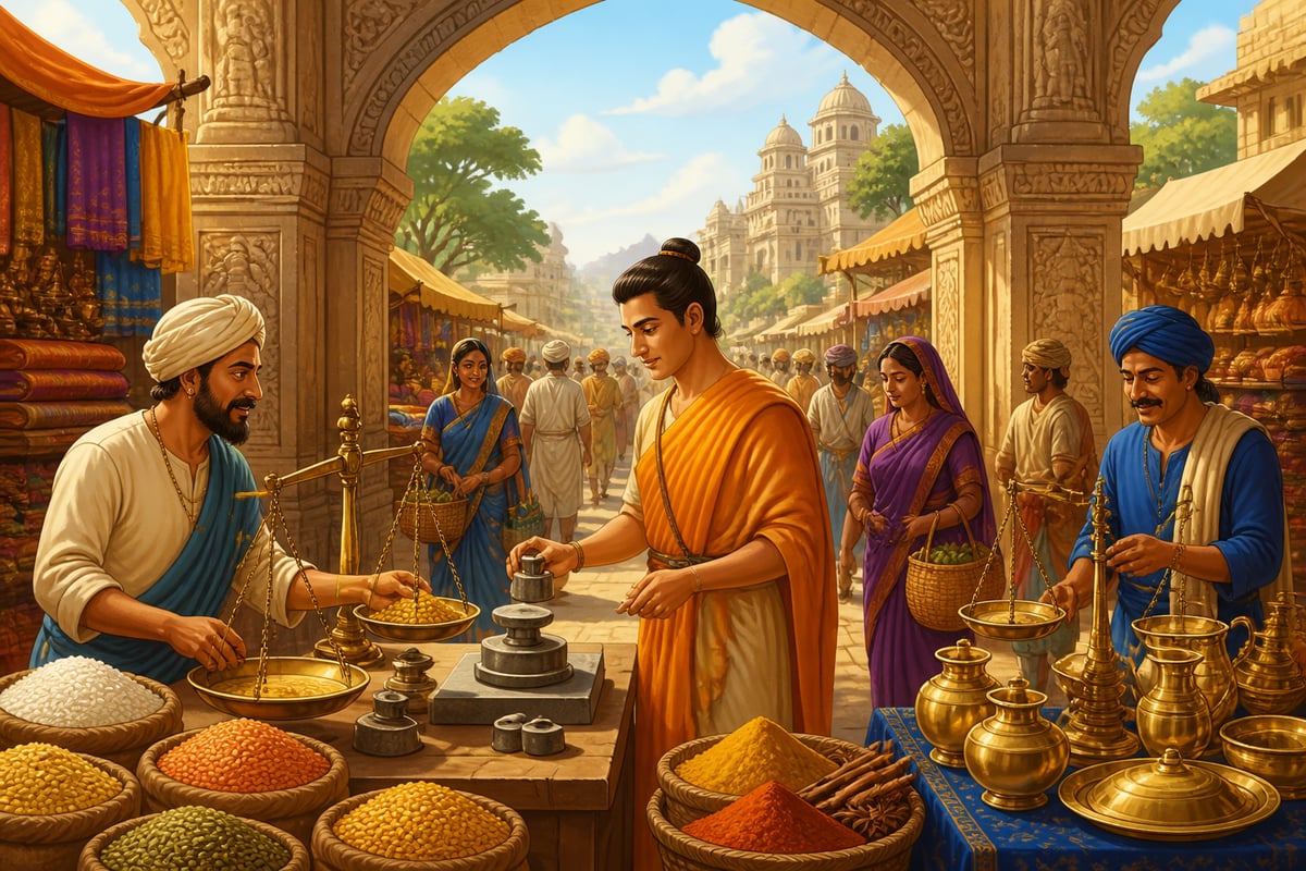 An ancient Indian marketplace operating under royal standardized weights