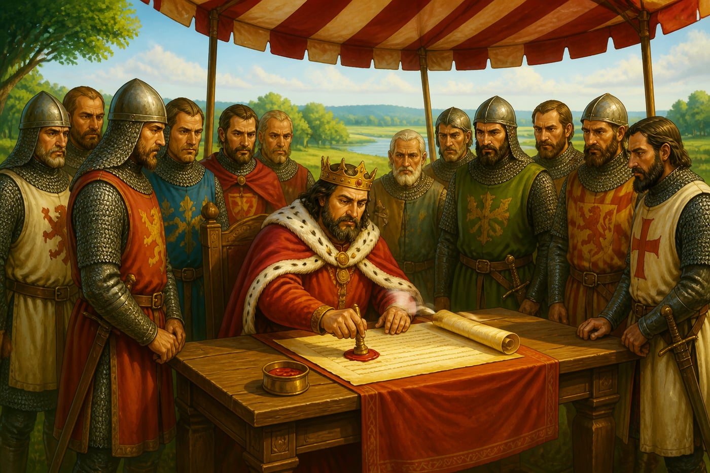 King John seals the Magna Carta at Runnymede in June 1215