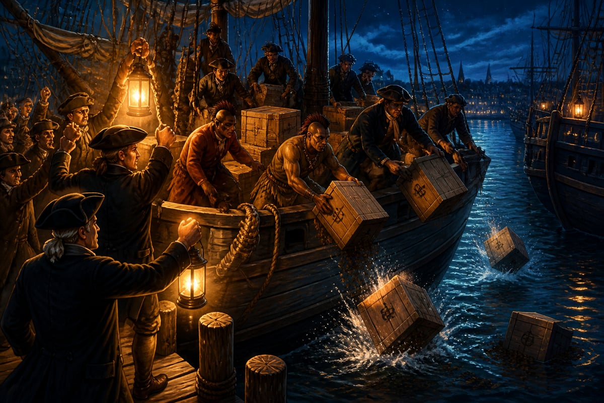 Boston colonists hurl crates of tea overboard at the harbor in 1773