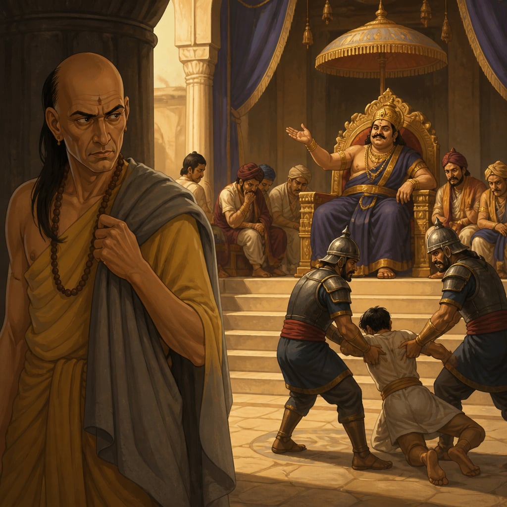 Chanakya watches the Nanda court from the shadowed colonnade