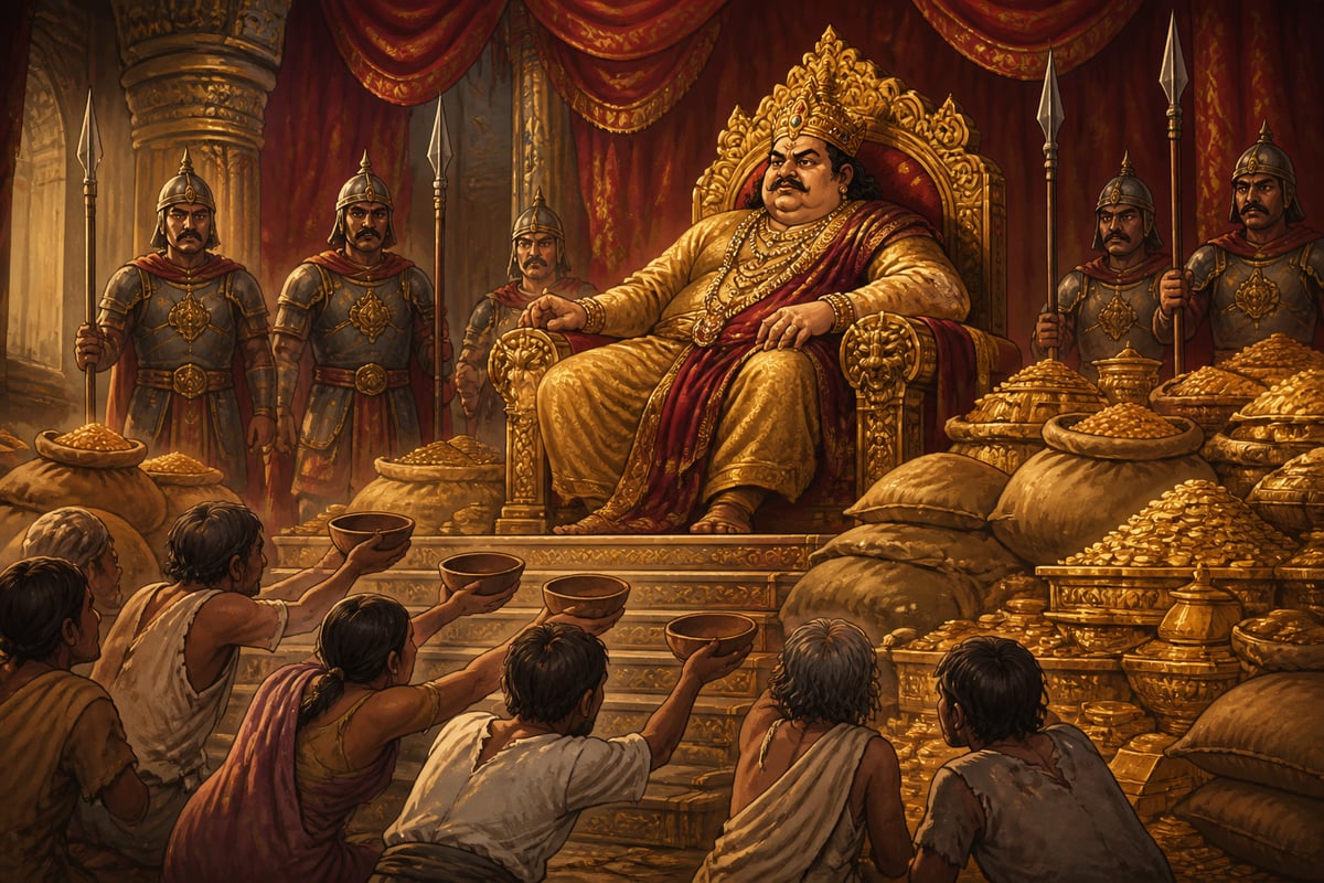 Dhana Nanda hoards grain and gold tribute on his throne