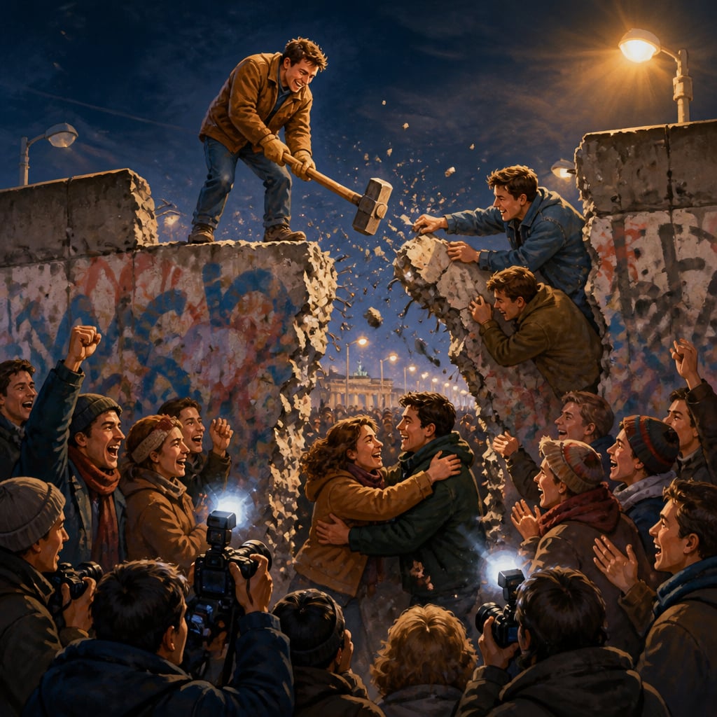 Jubilant Berliners hammer at the Berlin Wall in November 1989