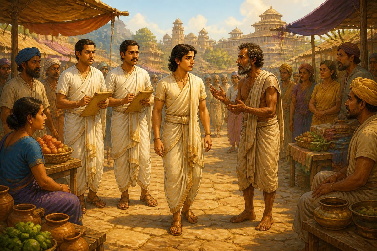 Chandragupta walks through the Pataliputra marketplace listening to a farmer