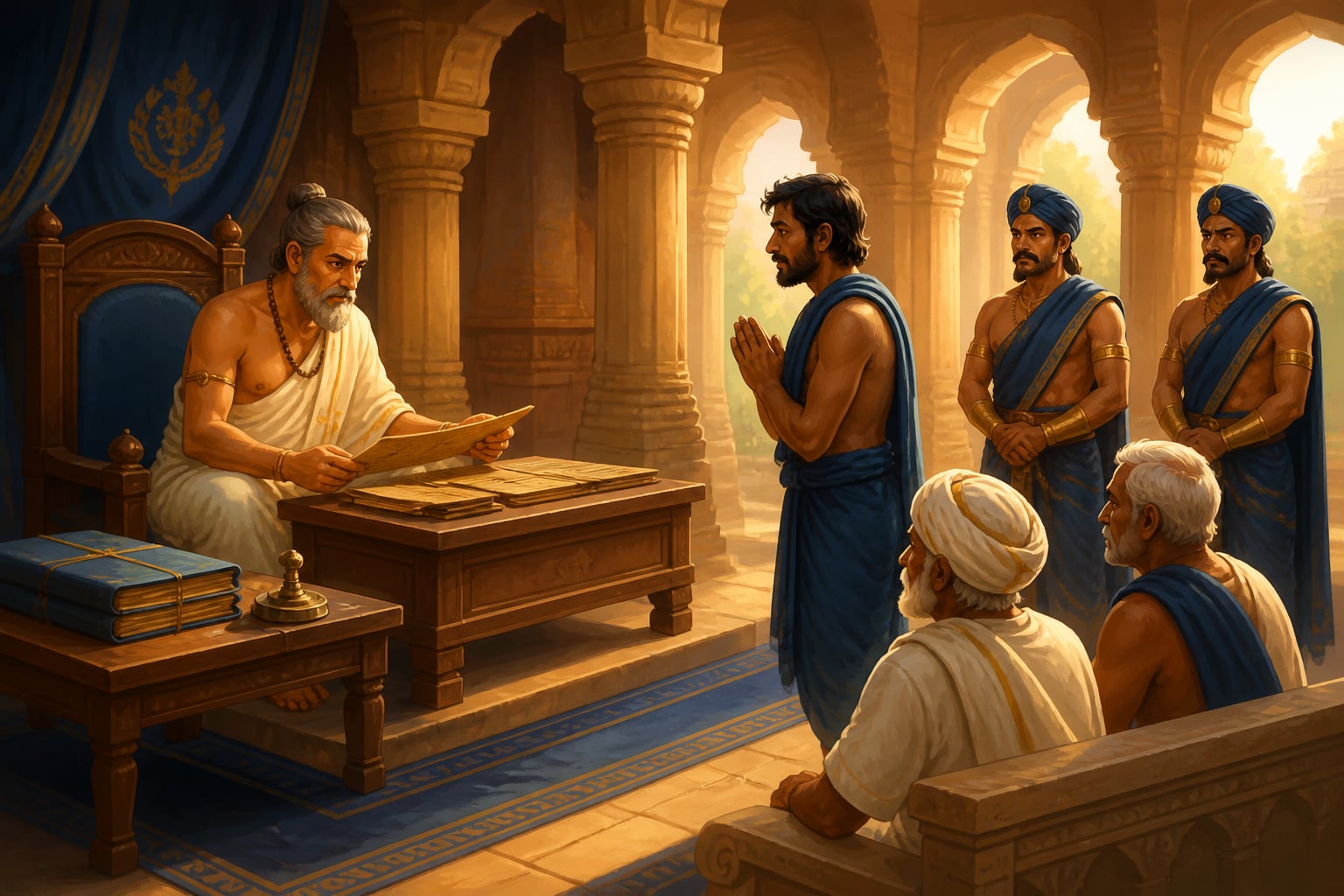A Mauryan property court hearing a farmer's land claim