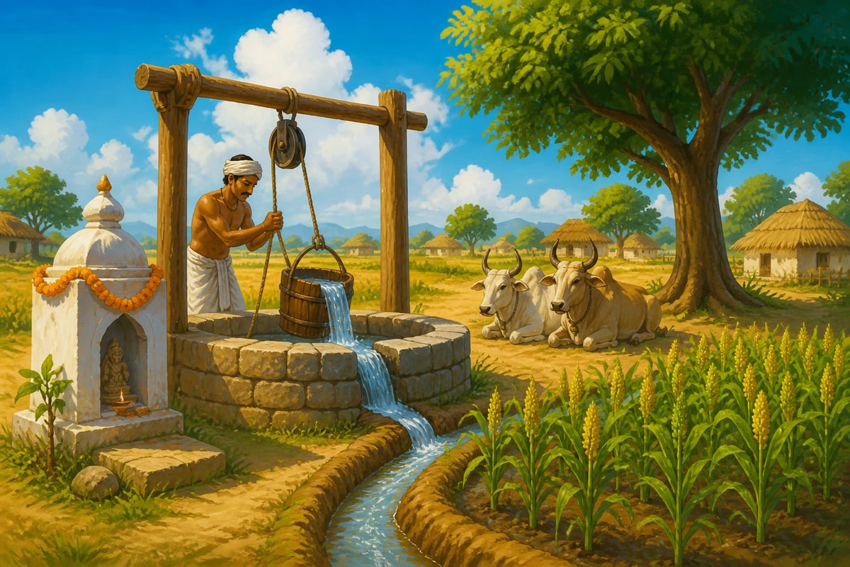 A stone-rimmed irrigation well watering a millet field