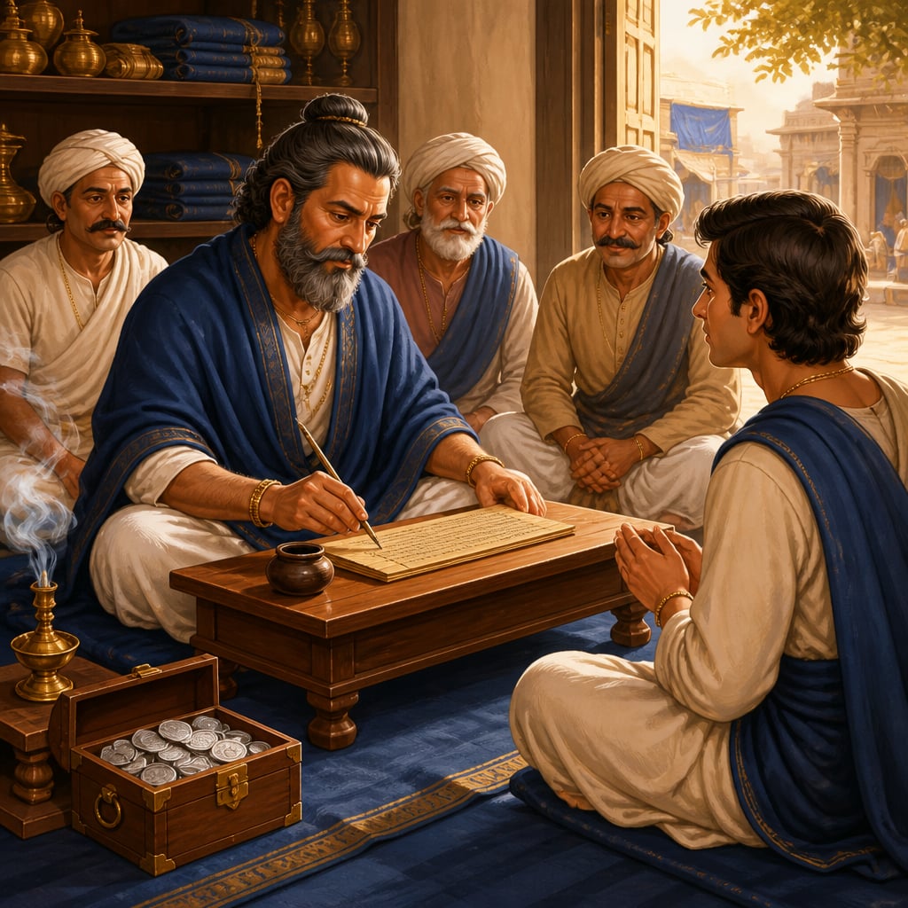 A Mauryan merchant inscribing a vyavahara loan contract with witnesses