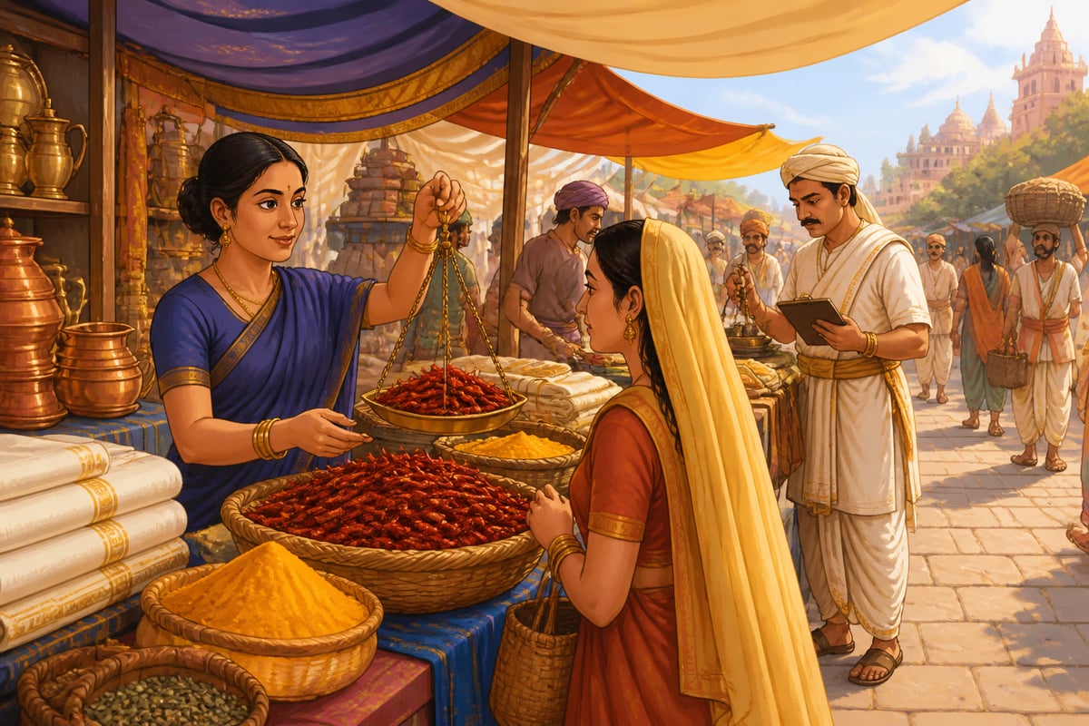 A bustling Pataliputra marketplace under cloth canopies