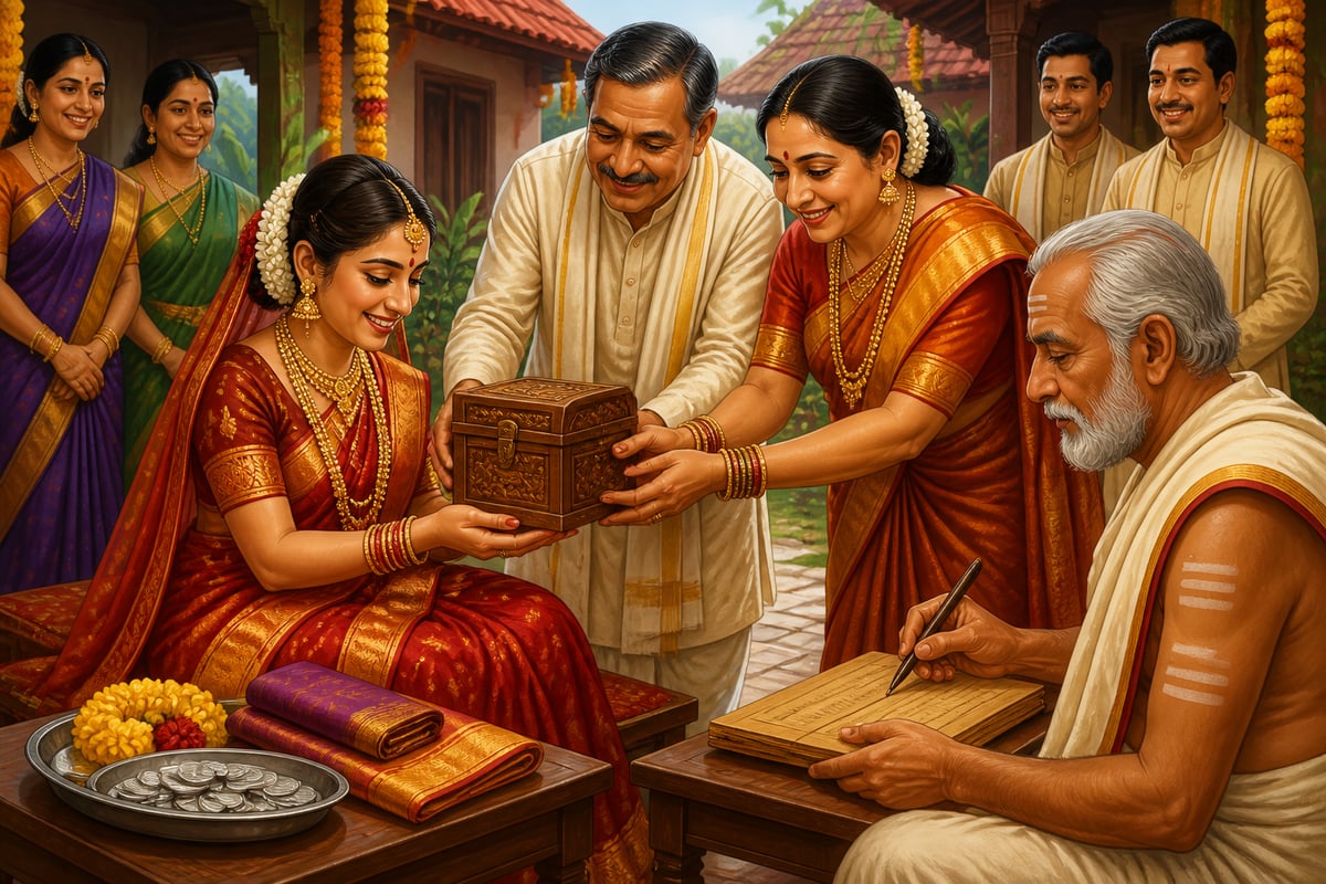 A bride receiving the stridhan chest from her parents at her wedding