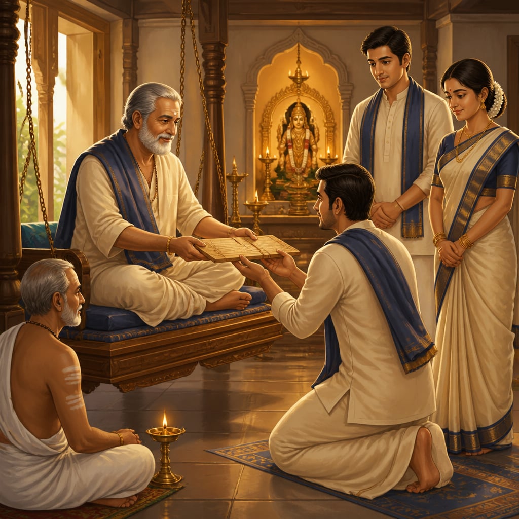 A patriarch entrusting the inheritance register to his eldest son