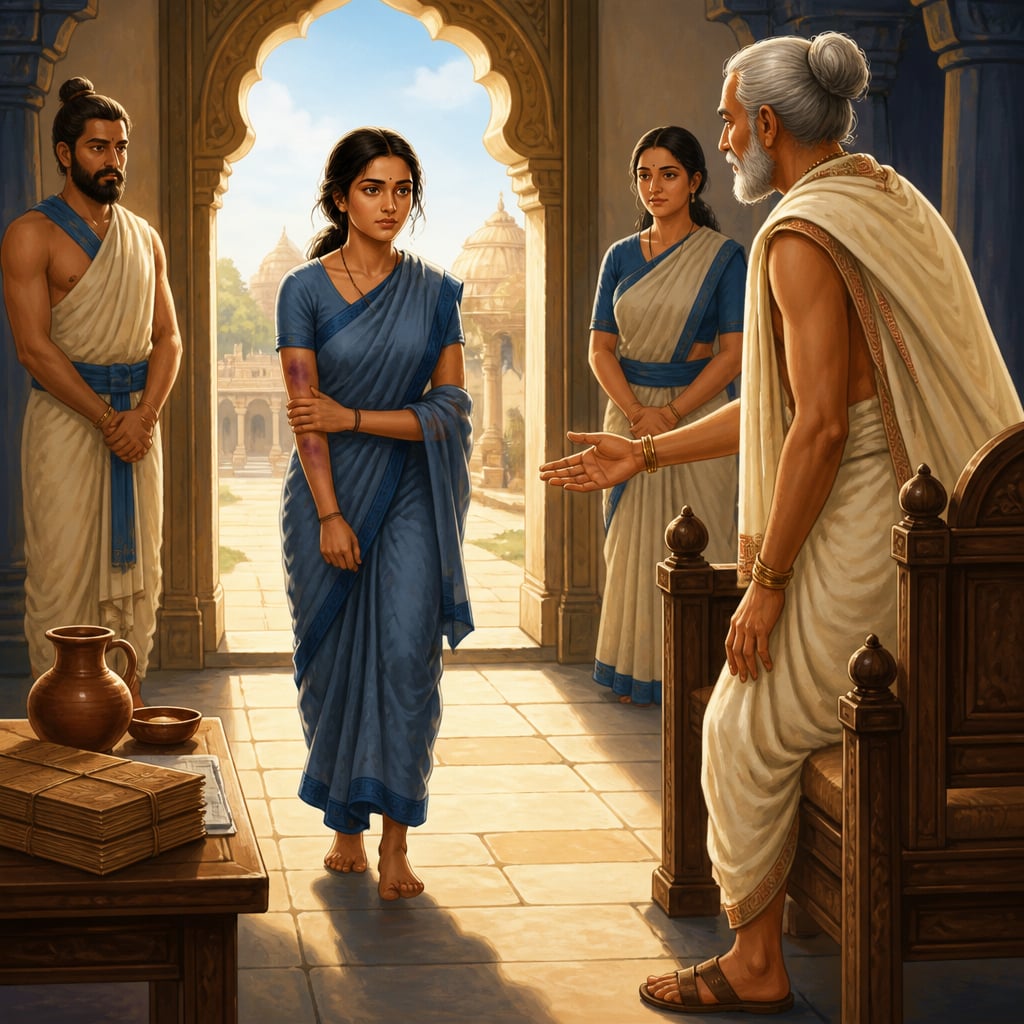 Sumitra entering the Mauryan magistrate's hall to file her complaint