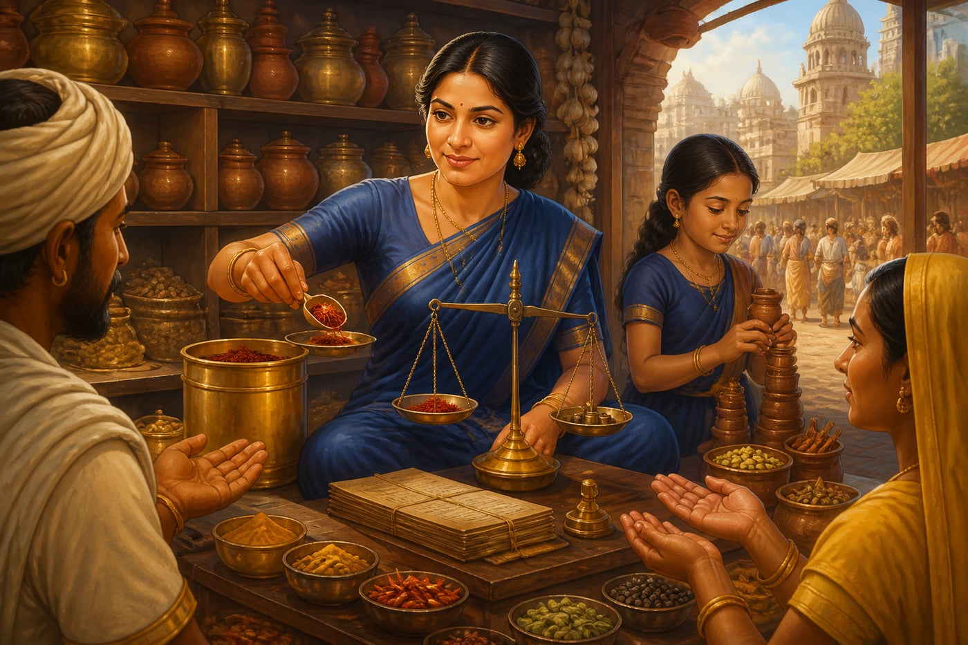 A Mauryan woman trader running her own spice shop with her daughter