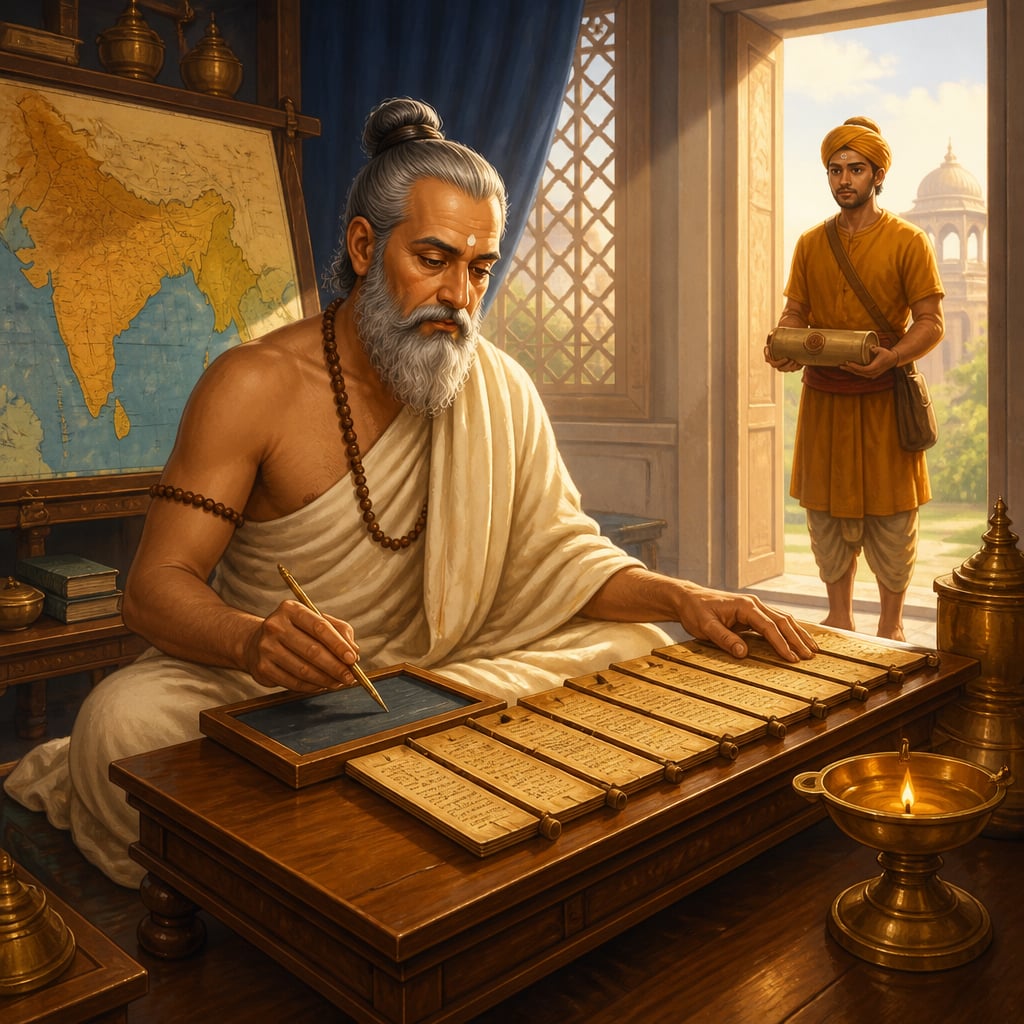 Kautilya reviewing imperial reports in his Pataliputra study