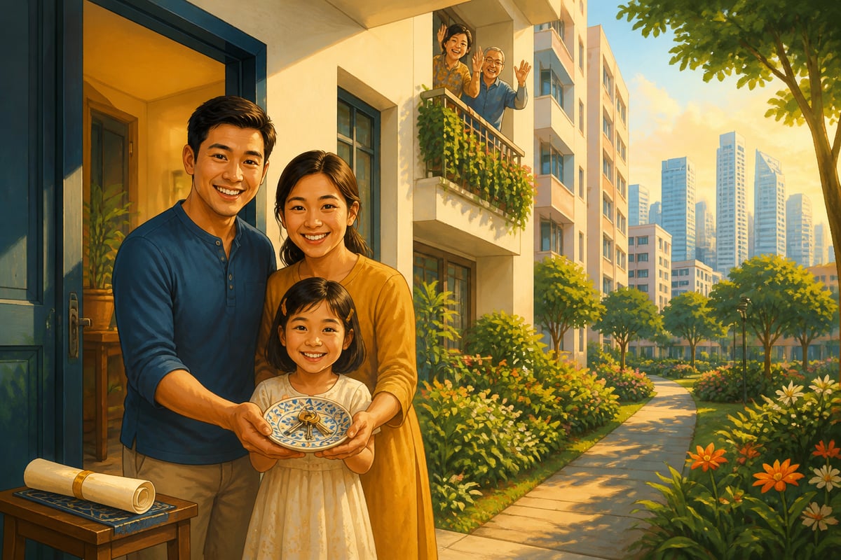 A young Singaporean family outside their newly purchased HDB flat