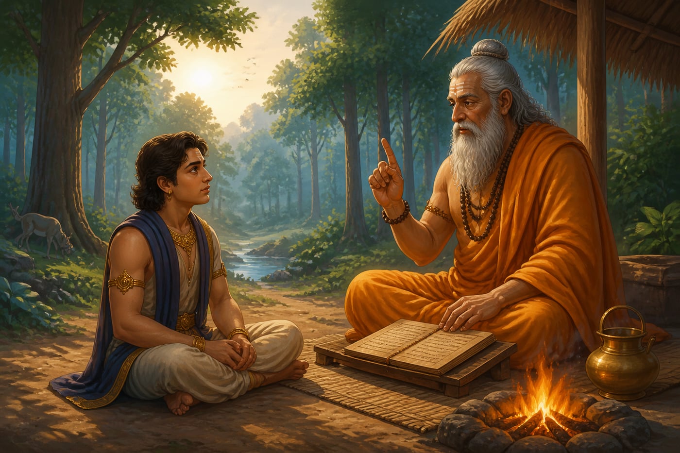 Young Chandragupta receiving counsel at a forest sage's feet