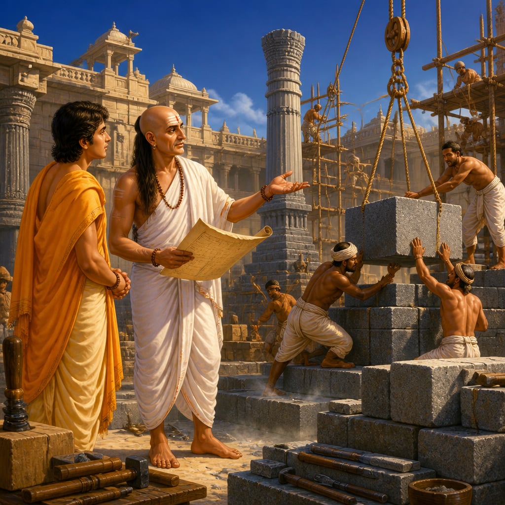 Kautilya designing structural constraints at the Pataliputra construction site