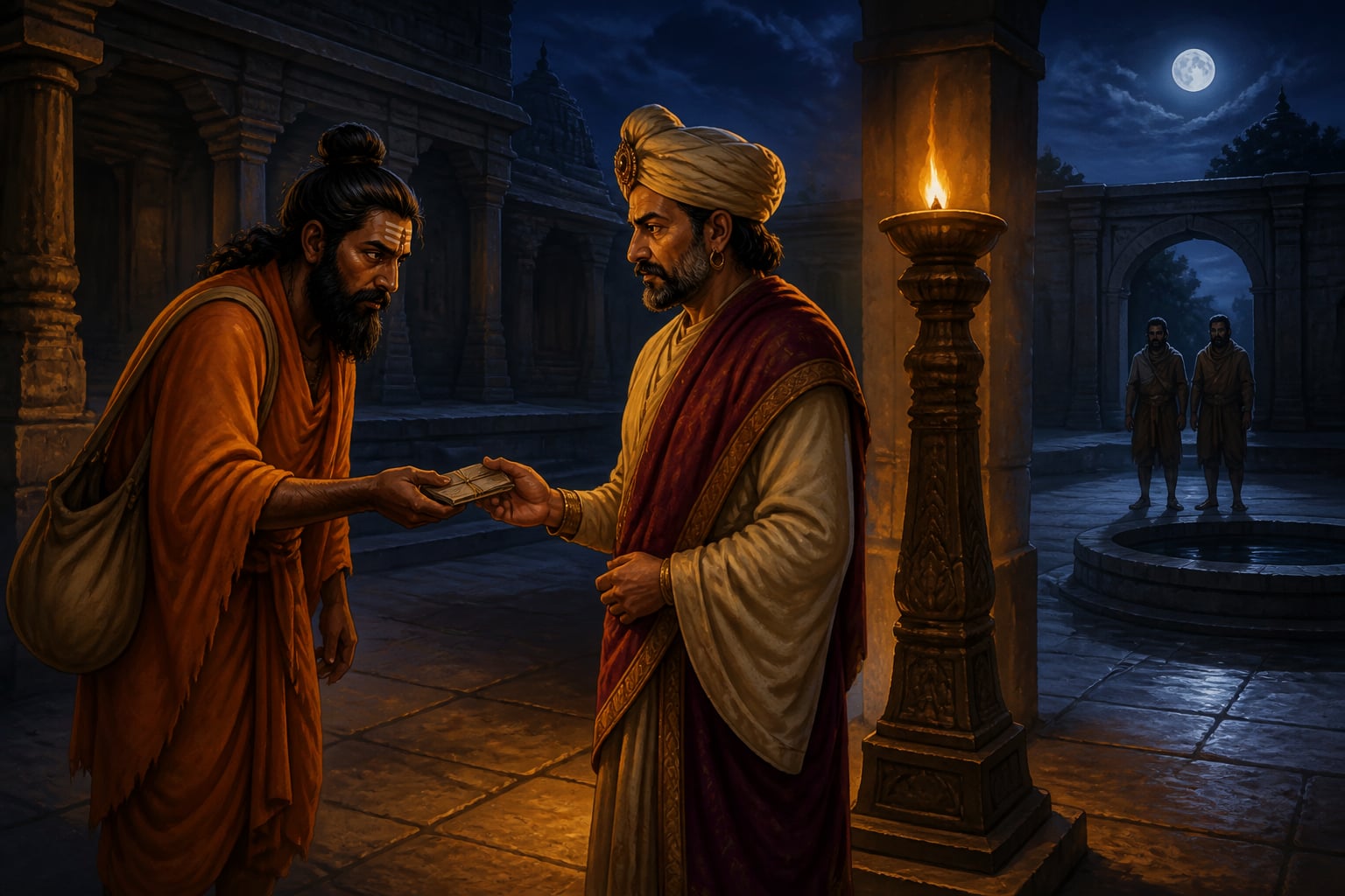 Covert royal agent passing intelligence in a night temple courtyard