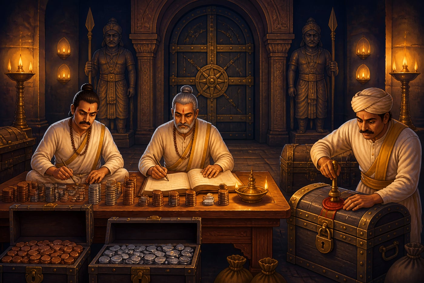 Treasury scribes auditing royal coin chests under separate seals