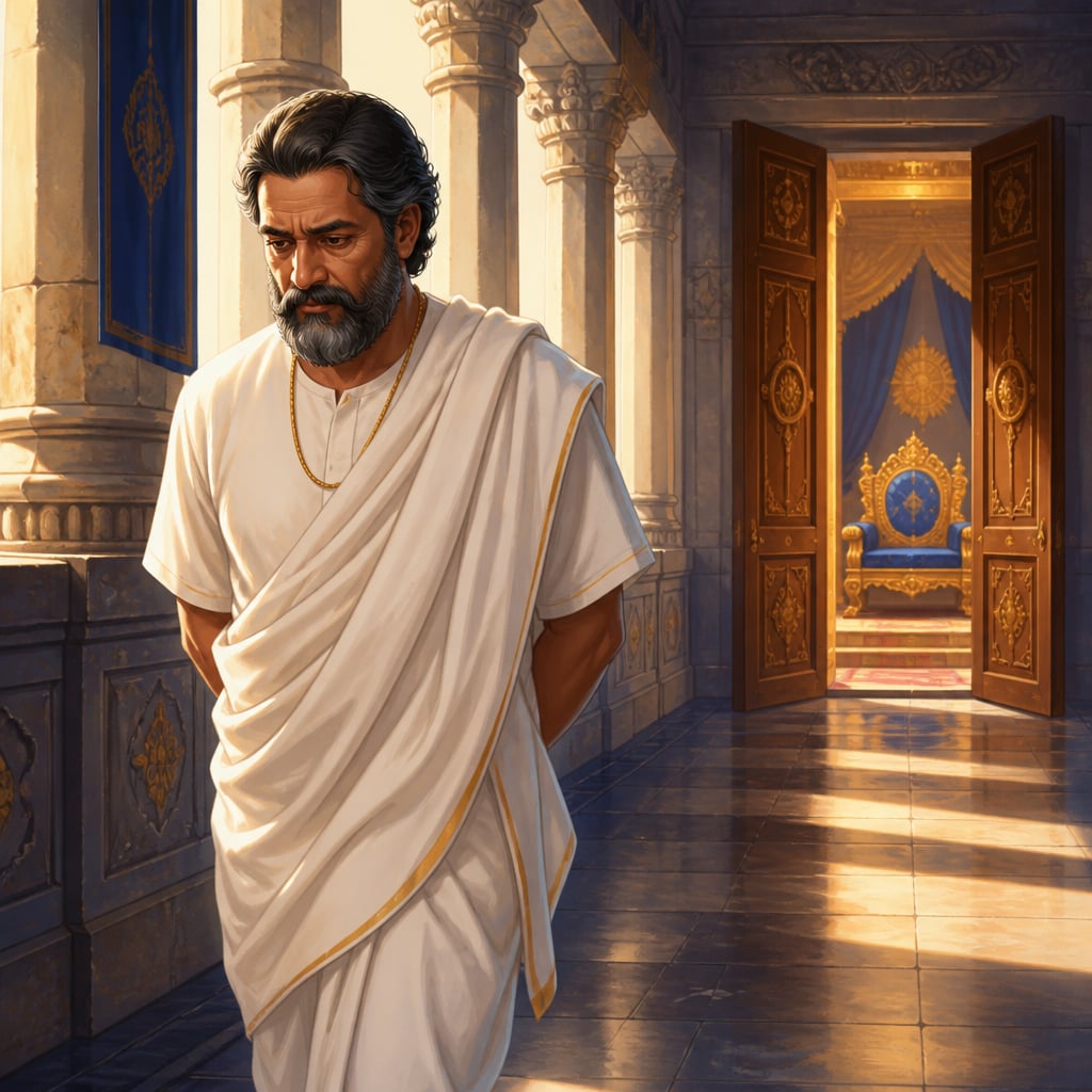 Rakshasa pacing outside the throne room weighing Chandragupta's offer