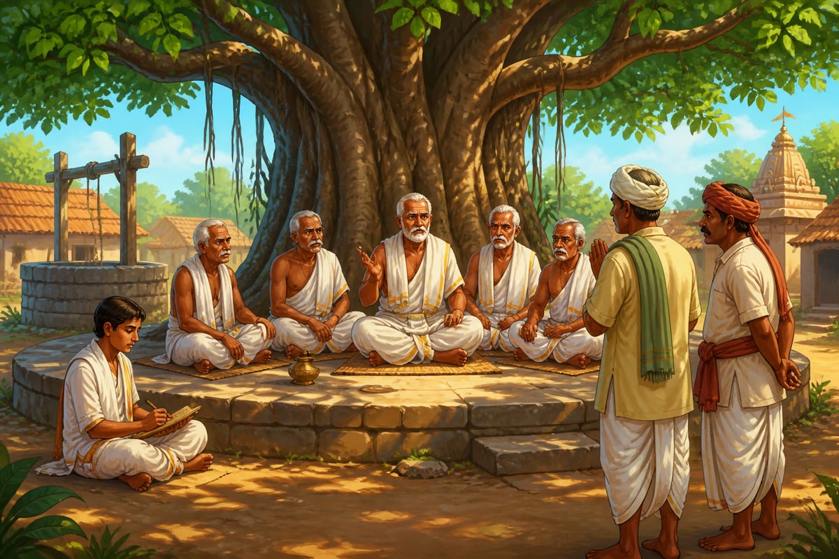 Village panchayat hearing a farmers' dispute under the banyan